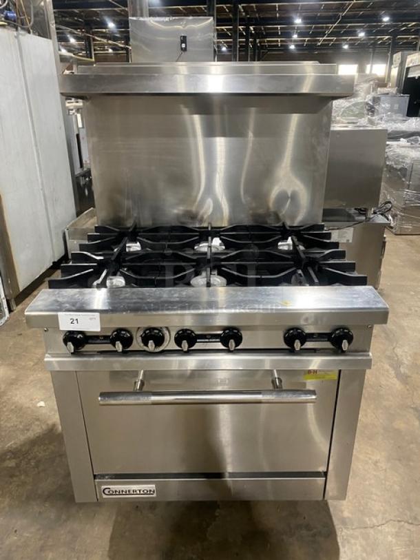 Connerton Commercial Stainless Steel Natural Gas Powered 6 Burner Range/Oven Combo! With Back Splash & Overhead Salamander Shelf! With Wire Oven Rack! Model: CN36-6 SN: 700322J21! On Casters! - Image 1 of 9