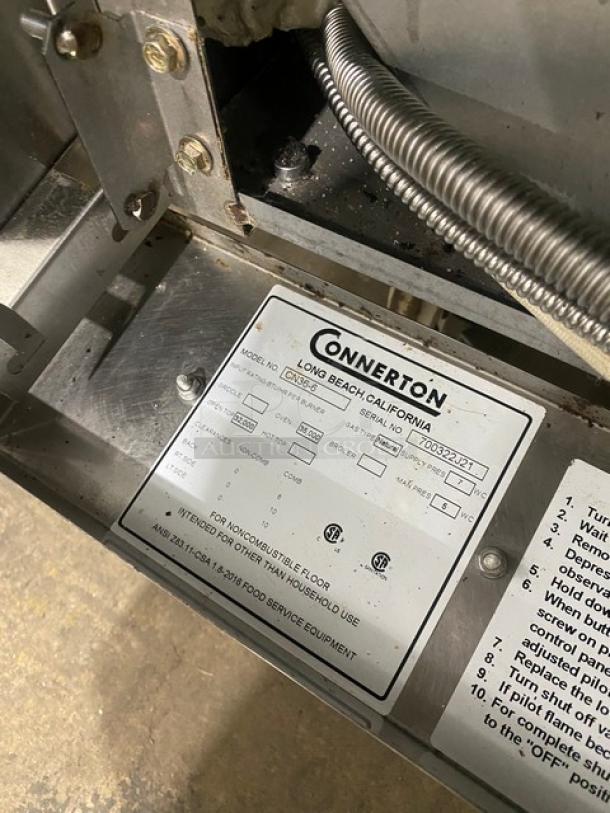 Connerton Commercial Stainless Steel Natural Gas Powered 6 Burner Range/Oven Combo! With Back Splash & Overhead Salamander Shelf! With Wire Oven Rack! Model: CN36-6 SN: 700322J21! On Casters! - Image 8 of 9