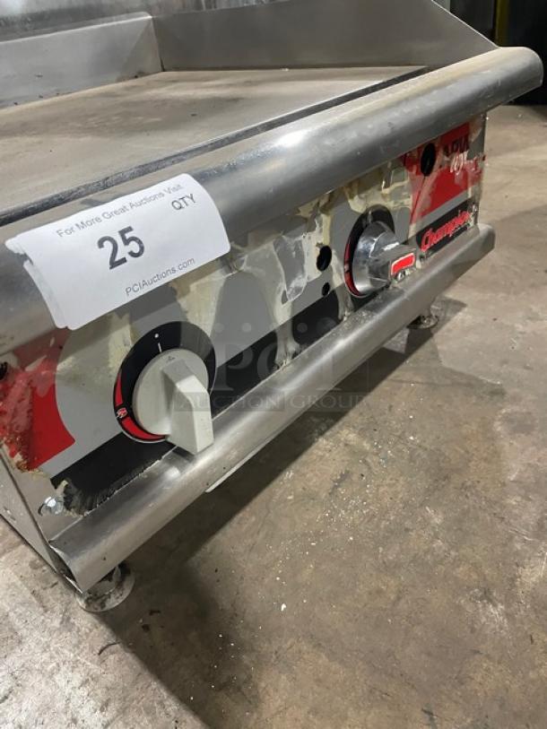 APW Wyott Champion Cook Series Commercial Stainless Steel Natural Gas Powered Countertop 24" Flat Griddle! With Snap-Action Thermostatic Controls & 1" Thick Smooth Polished Steel Griddle Plate! With Back & Side Splash! On Legs! - Image 6 of 7