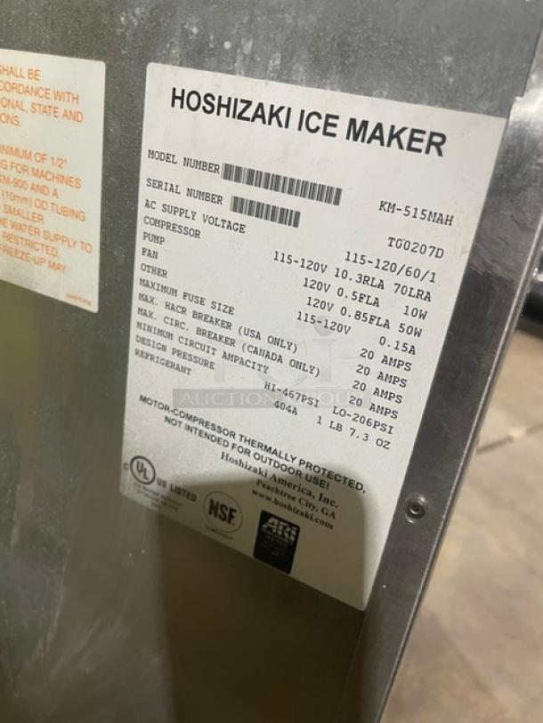 Hoshizaki Commercial Stainless Seel Air-Cooled Cresent Cuber Ice Making Machine Head! Model: KM-515MAH SN: T00207D! 115-120V 1 Phase! - Image 5 of 7