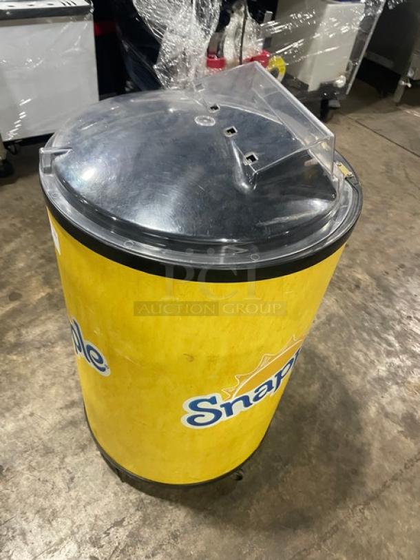 Snapple Style Commercial Round Ice/Beverage Barrel Cooler! With Clear Lift-Open Cover & Built-In Drain! On Casters! - Image 2 of 5