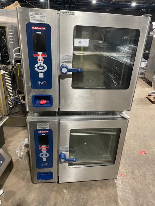 Eloma Genius Series Commercial Stainless Steel Electric Powered Double Stacked Combi Oven! With Digital Controls! With Built In Pan Holding Racks! On Legs! 2X Your Bid Make One Unit! - Image 1 of 10