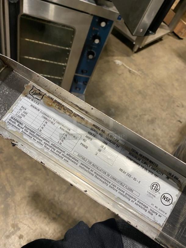Duke Commercial Stainless Steel Electric Powered Double Stacked Convection Oven! With Thermostatic Controls! With Wire Oven Racks! Model: E101-EV SN: 20ABJG0194! 208V 3 Phase! On Legs! 2X Your Bid Makes One Unit! - Image 9 of 10