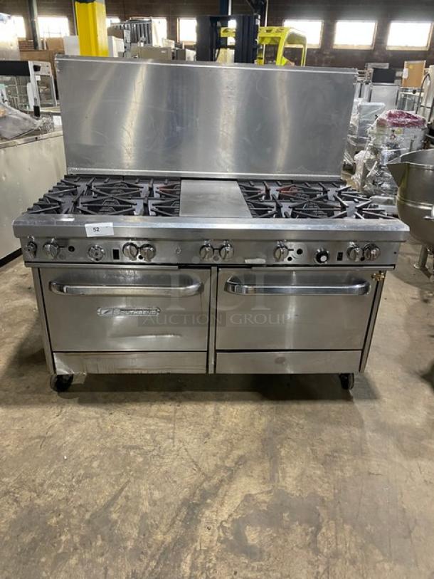 Southbend Commercial Stainless Steel Natural Gas Powered 8 Burner/Hot Plate Split Top Range & Double Oven Combo! With Back Splash! With Wired Oven Rack! With Casters! - Image 1 of 10