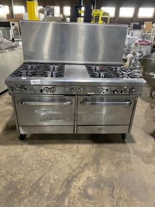 Southbend Commercial Stainless Steel Natural Gas Powered 8 Burner/Hot Plate Split Top Range & Double Oven Combo! With Back Splash! With Wired Oven Rack! With Casters!