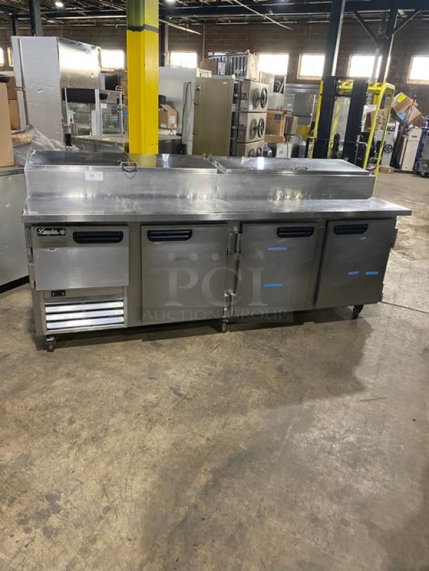 Leader Commercial Stainless Steel 4 Door Refrigerated Bain Marie Style Mega Top Pizza Prep Table! With Poly Coated Wire Rack! Model: ESPT96SC SN: NB10E0462! 115V! On Casters! - Image 1 of 9