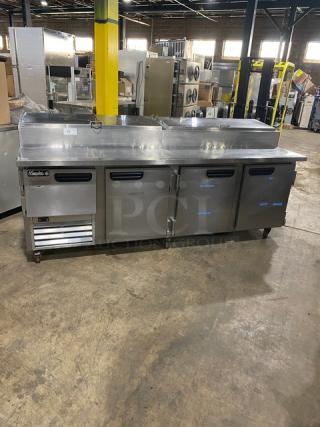 Leader Commercial Stainless Steel 4 Door Refrigerated Bain Marie Style Mega Top Pizza Prep Table! With Poly Coated Wire Rack! Model: ESPT96SC SN: NB10E0462! 115V! On Casters!