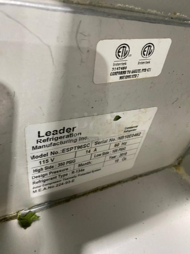 Leader Commercial Stainless Steel 4 Door Refrigerated Bain Marie Style Mega Top Pizza Prep Table! With Poly Coated Wire Rack! Model: ESPT96SC SN: NB10E0462! 115V! On Casters! - Image 8 of 9