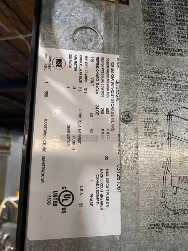 Manitowoc Q Series Commercial Stainless-Steel Air-Cooled Modular Ice Cube Making Machine Head/Dispenser Bin Combo! With Push Type Ice Dispenser! Model: QD0452A / QPA310 SN: 031261061 / 991163796! 115V 1 Phase/120V 1 Phase! On Legs! - Image 5 of 8