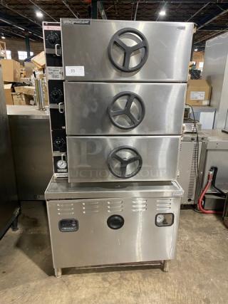 Market Forge A-Cooker Series Commercial Stainless Steel Natural Gas Powered 3 Compartment Steam Broiler Cabinet! With Individual Controls! With Wired Oven Racks! Model: M36G300A-4SP SN: 220533! 120V 1 Phase! On Legs!