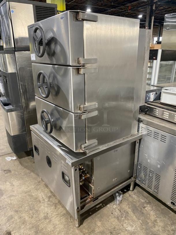 Market Forge A-Cooker Series Commercial Stainless Steel Natural Gas Powered 3 Compartment Steam Broiler Cabinet! With Individual Controls! With Wired Oven Racks! Model: M36G300A-4SP SN: 220533! 120V 1 Phase! On Legs! - Image 3 of 11