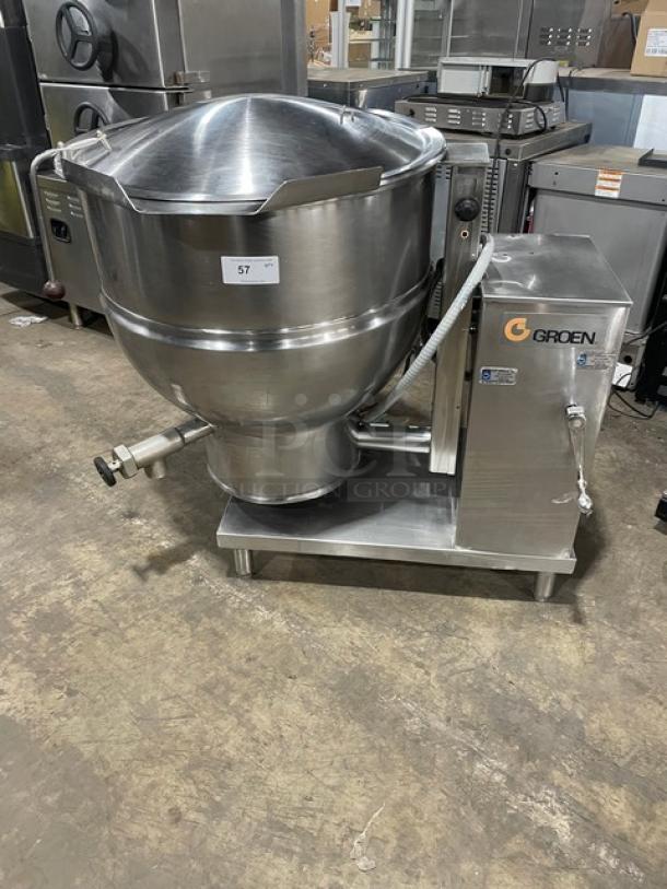 Groen Commercial Stainless Steel Electric Powered Self-Contained 2/3 Steam Jacketed 60 Lb. Tilting Floor Kettle! With Butterfly Pouring Lip & Smooth Action Mechanical Tilt! Model: DEE/4T-60 SN: 39527-1! 480V 3 Phase! On Legs! - Image 1 of 9