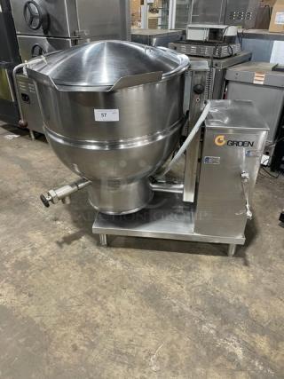 Groen Commercial Stainless Steel Electric Powered Self-Contained 2/3 Steam Jacketed 60 Lb. Tilting Floor Kettle! With Butterfly Pouring Lip & Smooth Action Mechanical Tilt! Model: DEE/4T-60 SN: 39527-1! 480V 3 Phase! On Legs!