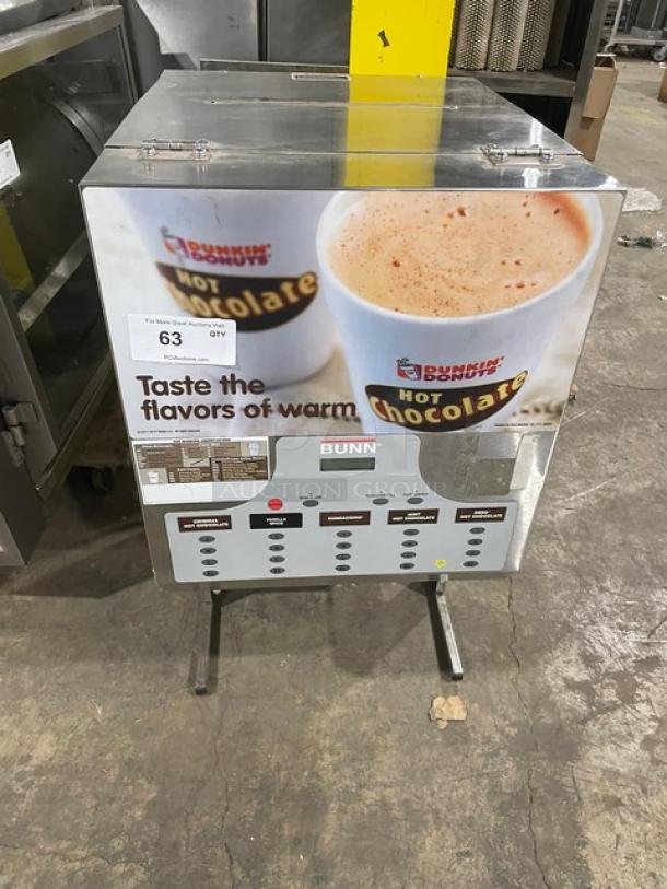 Bunn Dunkin Donuts Style Commercial Stainless Steel Electric Powered Countertop 5-Flavor Hot Chocolate/Cappuccino Hot Beverage Machine! With Hot Water Dispenser & Digital Controls! With Hoppers! Model: IMIX-5 SN: IMIX029357! 120/208-240V 1 Phase! On Legs! - Image 1 of 8