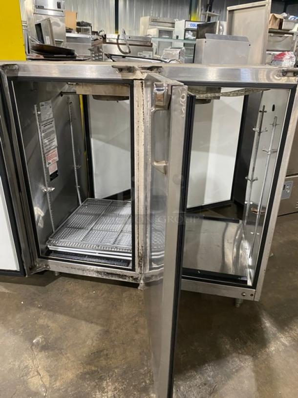 Glastender Commercial Stainless Steel 2 Door Pass-Thru Back Bar Cooler! With Poly Coated Wire Rack! Model: NPT52-L6-SNH SN: 134125922N! 115V 1 Phase! On Legs! - Image 5 of 8