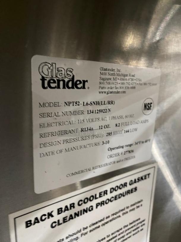 Glastender Commercial Stainless Steel 2 Door Pass-Thru Back Bar Cooler! With Poly Coated Wire Rack! Model: NPT52-L6-SNH SN: 134125922N! 115V 1 Phase! On Legs! - Image 7 of 8