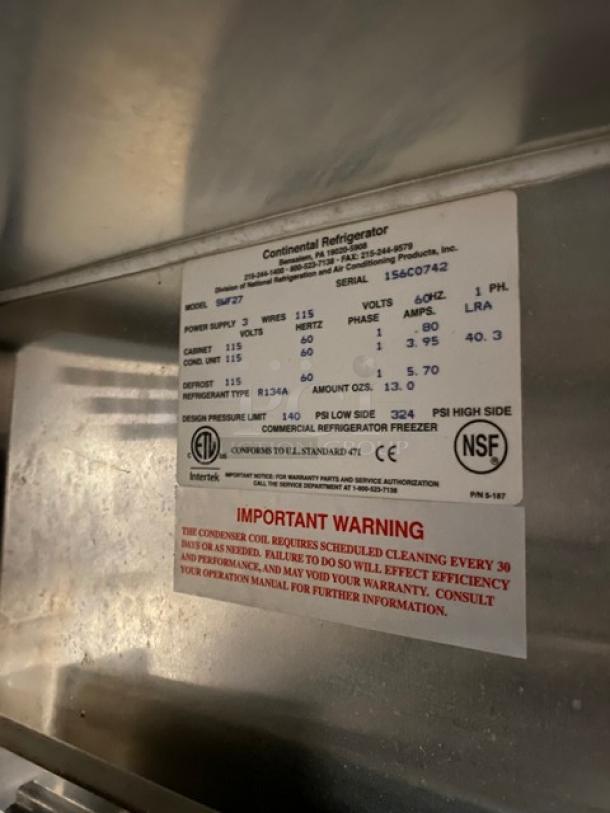 Continental Commercial Stainless Steel 2 Drawer Undercounter Worktop Freezer! Model: SWF27 SN: 156C0742! 115V 1 Phase! On Casters! - Image 7 of 8
