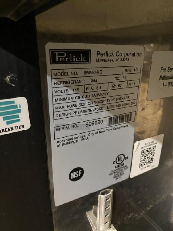 Perlick Commercial Black Powder Coated 2 Door Back Bar Cooler! With Stainless Steel Worktop! With Poly Coated Wire Racks! Model: BBS60-RO SN: 808080! 115V 1 Phase! - Image 6 of 7
