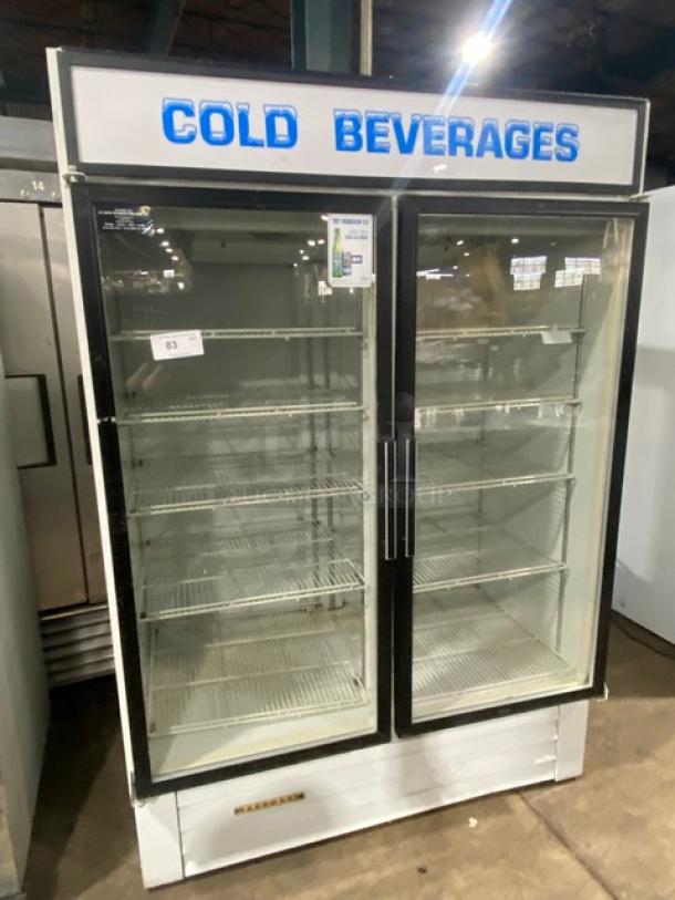 Hussmann Commercial White Double Glass Swing Door Reach In Merchandiser Refrigerator! With Poly Coated Wire Racks! Model: RR0491G41 SN: IN96G14300! 115V 1 Phase! - Image 1 of 8