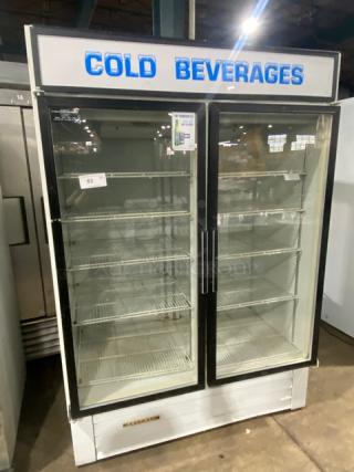 Hussmann Commercial White Double Glass Swing Door Reach In Merchandiser Refrigerator! With Poly Coated Wire Racks! Model: RR0491G41 SN: IN96G14300! 115V 1 Phase!