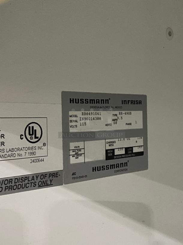 Hussmann Commercial White Double Glass Swing Door Reach In Merchandiser Refrigerator! With Poly Coated Wire Racks! Model: RR0491G41 SN: IN96G14300! 115V 1 Phase! - Image 7 of 8