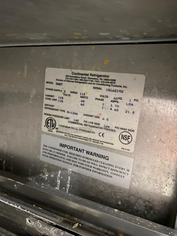 Continental Commercial Stainless Steel 2 Drawer Undercounter Worktop Refrigerator! Model: SW27 SN: 15162192! 115V 1 Phase! On Casters! - Image 7 of 8