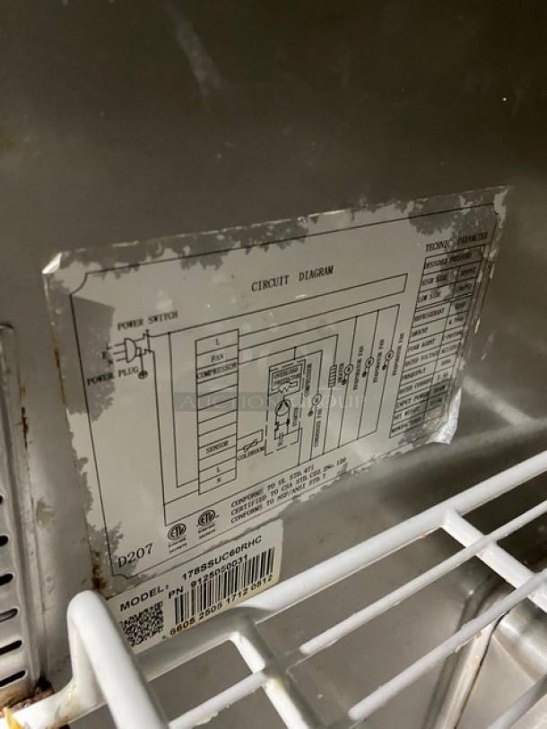 Avantco Commercial Stainless Steel 2 Door Undercounter Worktop Refrigerator! With Poly Coated Wire Racks! Model: 178SSUC60RHC SN: 6605250617120512! 115V! On Casters! - Image 6 of 7