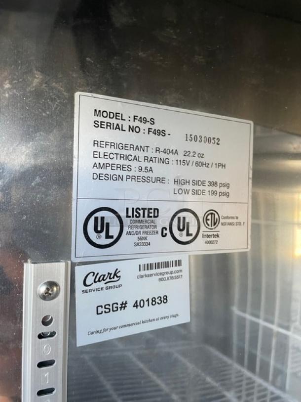 Master-Bilt Fusion Series Commercial Stainless Steel Solid 2 Door Reach In Freezer! Energy Star Certified! With Poly Coated Wire Racks! Model: F49-S SN: 15030052! 115V 1 Phase! - Image 7 of 8