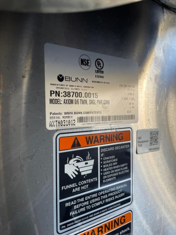 Bunn Commercial Stainless Steel Electric Powered Countertop Automatic Twin Coffee Brewer! With 6 Warming Plates & Hot Water Dispenser! With Stainless Steel Brew Basket! Model: AXIOM 0/6 TWIN SN: AXTN031012! 120/208-240V 1 Phase! On Legs! - Image 8 of 9