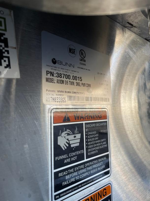 Bunn Commercial Stainless Steel Electric Powered Countertop Automatic Twin Coffee Brewer! With 6 Warming Plates & Hot Water Dispenser! With Stainless Steel Brew Basket! Model: AXIOM 0/6 TWIN SN: AXTN033865! 120/208-240V 1 Phase! On Legs! - Image 8 of 9