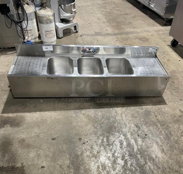 Krowne Commercial Stainless Steel 3 Compartment Bar Sink! With Left & Right Side Drainboards! With Back Splash! Model: 18-53C SN: 08030006007! - Image 1 of 8