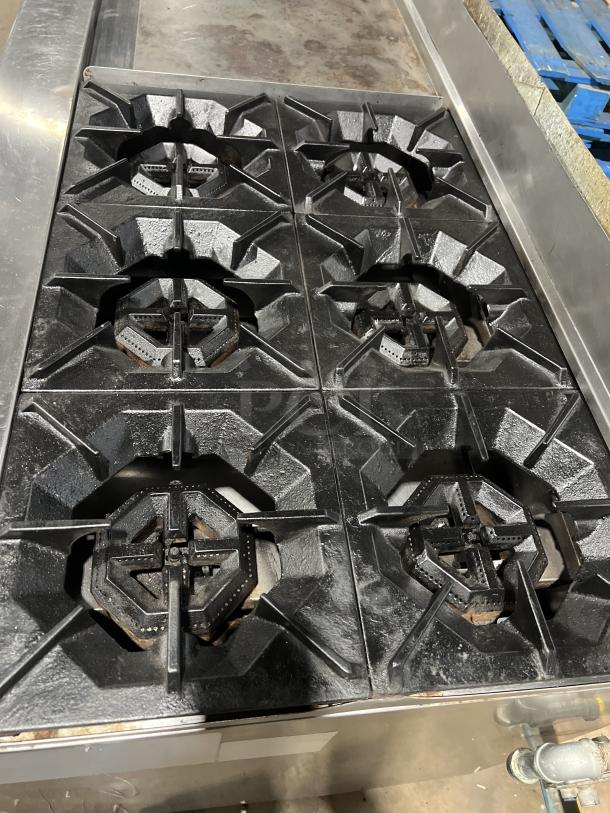 Cookrite! Late Model! Commercial Stainless Steel Natural Gas Powered Flat Griddle Split Top 6 Burner Range/Double Oven Combo! With Up Turned Back Splash! With Wired Oven Racks! On Legs! - Image 3 of 7