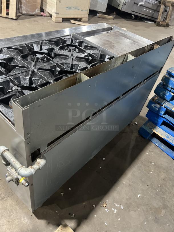 Cookrite! Late Model! Commercial Stainless Steel Natural Gas Powered Flat Griddle Split Top 6 Burner Range/Double Oven Combo! With Up Turned Back Splash! With Wired Oven Racks! On Legs! - Image 5 of 7