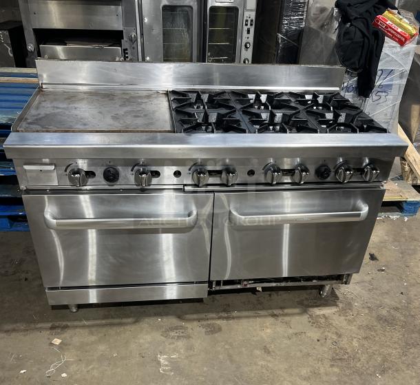 Cookrite! Late Model! Commercial Stainless Steel Natural Gas Powered Flat Griddle Split Top 6 Burner Range/Double Oven Combo! With Up Turned Back Splash! With Wired Oven Racks! On Legs! - Image 1 of 7