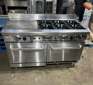 Cookrite! Late Model! Commercial Stainless Steel Natural Gas Powered Flat Griddle Split Top 6 Burner Range/Double Oven Combo! With Up Turned Back Splash! With Wired Oven Racks! On Legs!