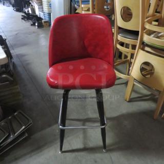 Black Metal Bar Height Chair With Red Swivel Barrel Back Seat. 2XBID