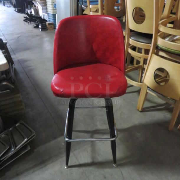 Black Metal Bar Height Chair With Red Swivel Barrel Back Seat. 2XBID - Image 1 of 1
