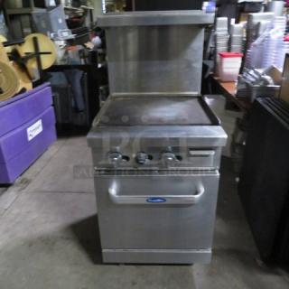 One Atosa Cook Rite Natural Gas Griddle Range With A SS Over Shelf, And 1 Rack On Casters.  Model# ATO-24G. 24X32X57. $1878.00