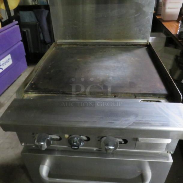 One Atosa Cook Rite Natural Gas Griddle Range With A SS Over Shelf, And 1 Rack On Casters.  Model# ATO-24G. 24X32X57. $1878.00 - Image 2 of 4