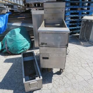 One Pitco Natural Gas 50lb Deep  Fryer On Casters. Model# SFSG14R. 15X38X54.