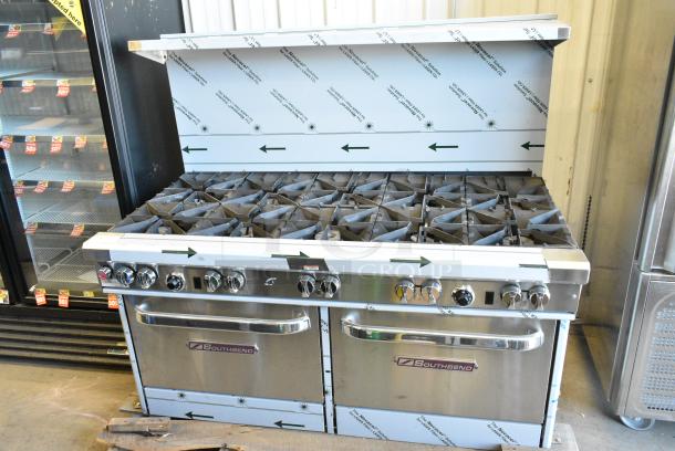 BRAND NEW SCRATCH AND DENT! 2023 Southbend 4601DD Stainless Steel Commercial Propane Gas Powered 10 Burner Range w/ 2 Ovens, Back Splash and Over Shelf. - Image 1 of 10