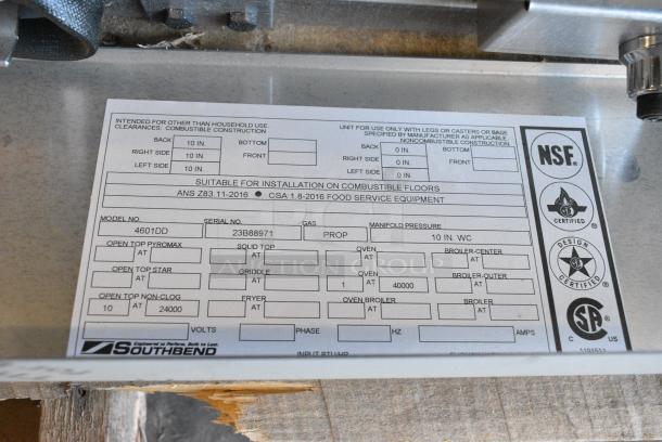BRAND NEW SCRATCH AND DENT! 2023 Southbend 4601DD Stainless Steel Commercial Propane Gas Powered 10 Burner Range w/ 2 Ovens, Back Splash and Over Shelf. - Image 10 of 10