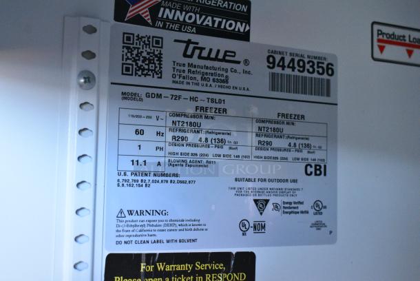 2018 True GDM-72F-HC Metal Commercial 3 Door Reach In Freezer Merchandiser w/ Poly Coated Racks. 115/208-230 Volts, 1 Phase. Tested and Working! - Image 8 of 8
