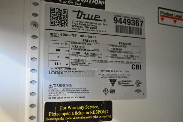 2018 True GDM-72F-HC Metal Commercial 3 Door Reach In Freezer Merchandiser w/ Poly Coated Racks. 115/208-230 Volts, 1 Phase. Tested and Working! - Image 8 of 8
