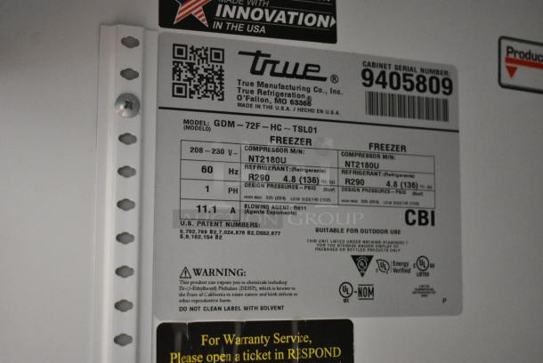 2018 True GDM-72F-HC Metal Commercial 3 Door Reach In Freezer Merchandiser w/ Poly Coated Racks. 115/208-230 Volts, 1 Phase. Tested and Working! - Image 6 of 6