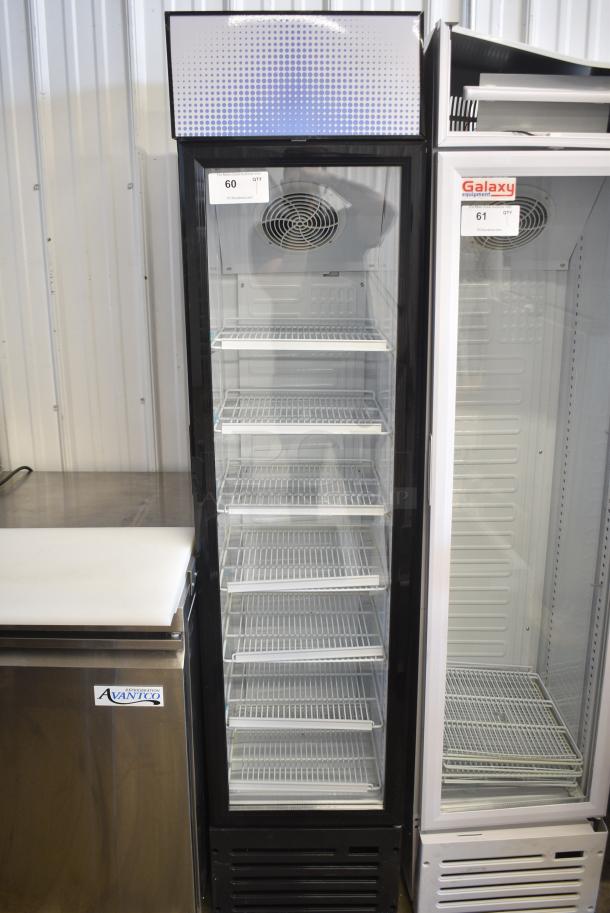 BRAND NEW SCRATCH AND DENT! Galaxy 177GDN5RBB Metal Commercial Single Door Reach In Cooler Merchandiser with Red, White, and Blue LED Lighting. 110-120 Volts, 1 Phase. Tested and Working! - Image 1 of 8