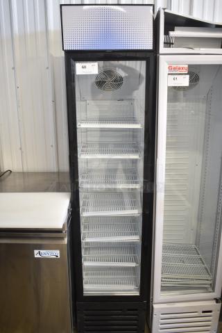BRAND NEW SCRATCH AND DENT! Galaxy 177GDN5RBB Metal Commercial Single Door Reach In Cooler Merchandiser with Red, White, and Blue LED Lighting. 110-120 Volts, 1 Phase. Tested and Working!