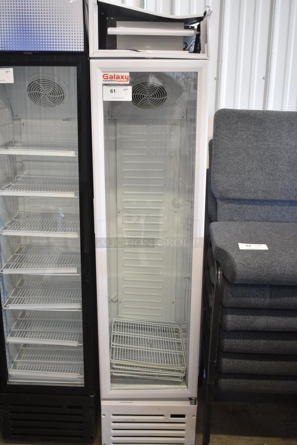 BRAND NEW SCRATCH AND DENT! Galaxy 177GDN5RBW Metal Commercial Single Door Reach In Cooler Merchandiser with Red, White, and Blue LED Lighting. 110-120 Volts, 1 Phase. Tested and Powers On But Does Not Get Cold - Image 1 of 9