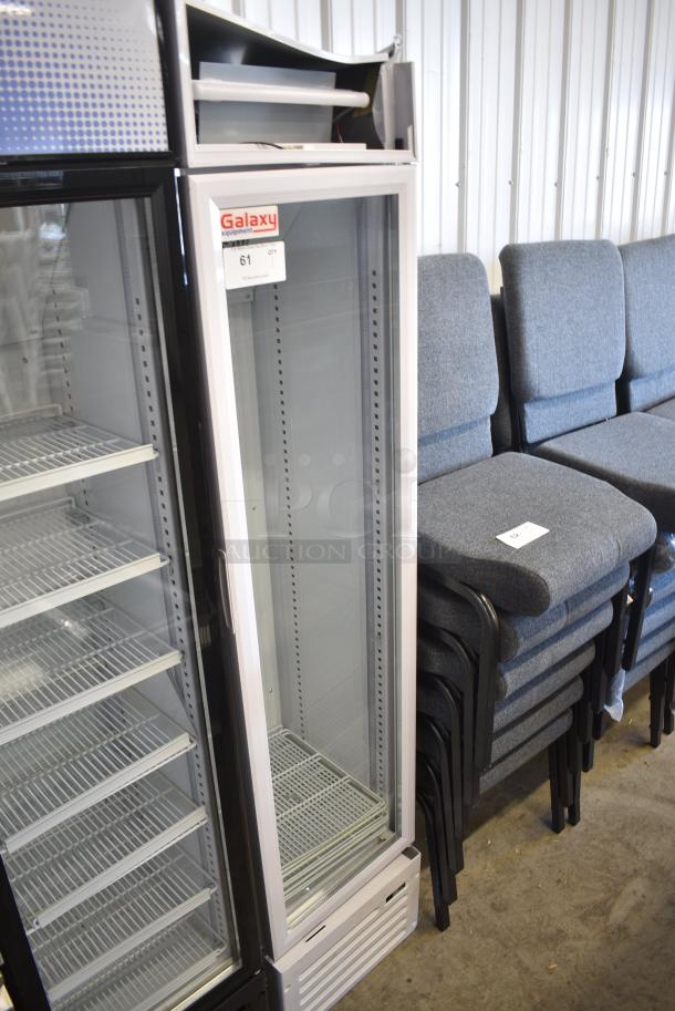 BRAND NEW SCRATCH AND DENT! Galaxy 177GDN5RBW Metal Commercial Single Door Reach In Cooler Merchandiser with Red, White, and Blue LED Lighting. 110-120 Volts, 1 Phase. Tested and Powers On But Does Not Get Cold - Image 2 of 9