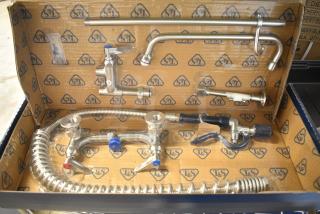 2 BRAND NEW SCRATCH AND DENT! Eversteel by T&S S-0133-A12-BJ Stainless Steel 8" Wall Mount Mixing Faucet with 12" Swing Nozzle and Pre-Rinse Unit with 1.07 GPM Spray Valve. 2 Times Your Bid!
